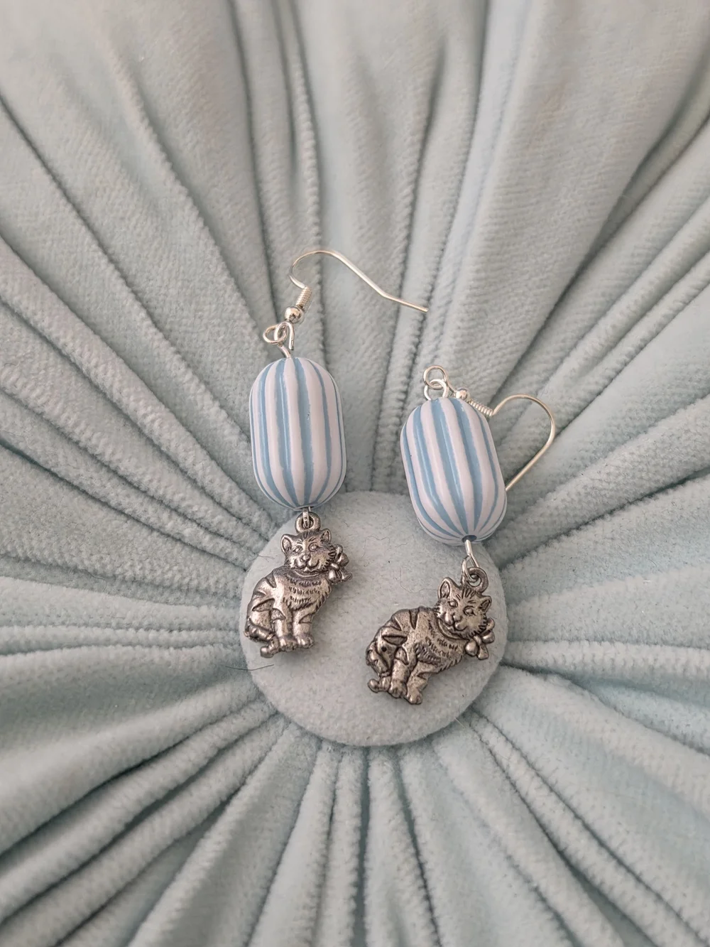 Handcrafted Blue and White Striped Cat Earrings